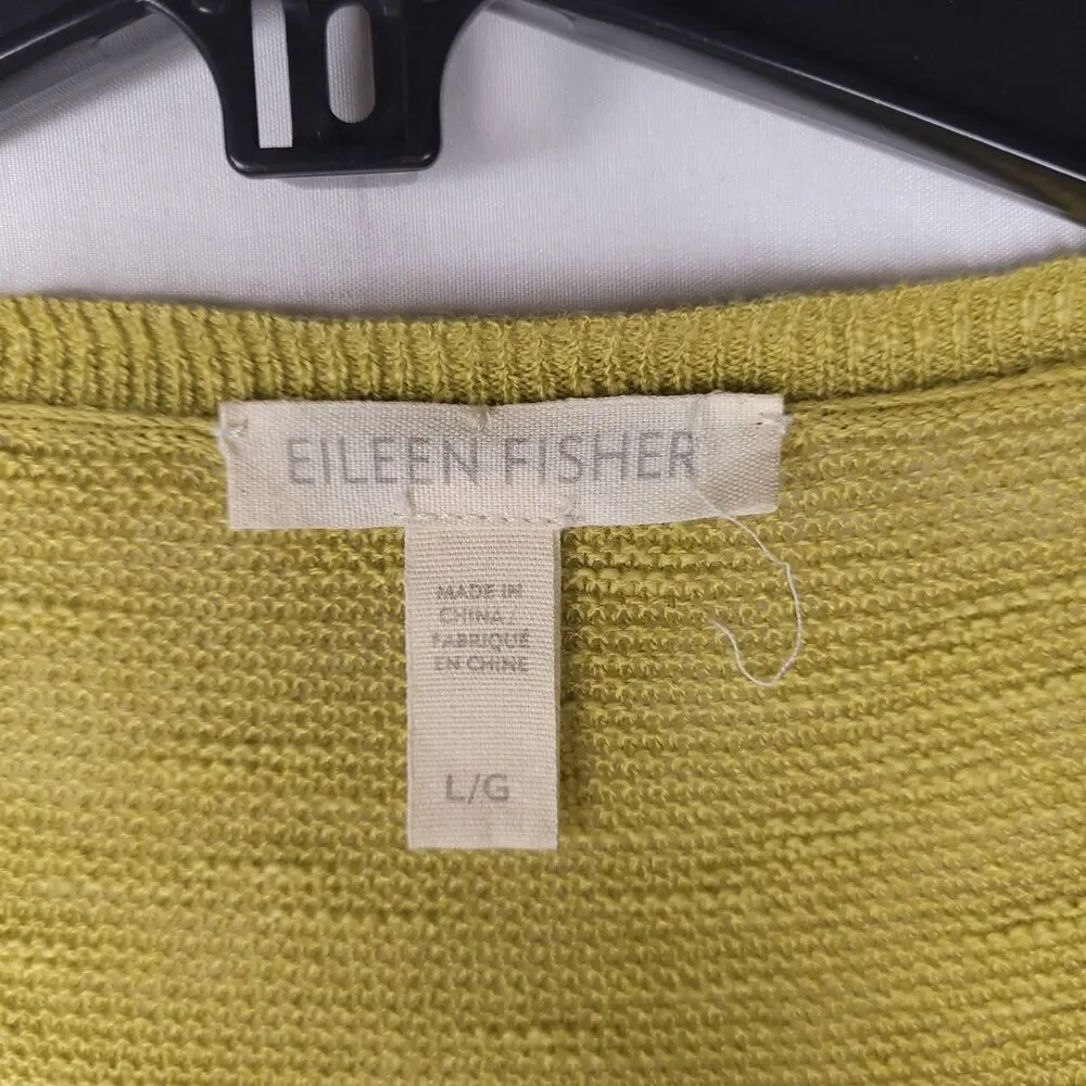 Eileen Fisher Sweater Large Green Organic Linen/Cotton V Neck